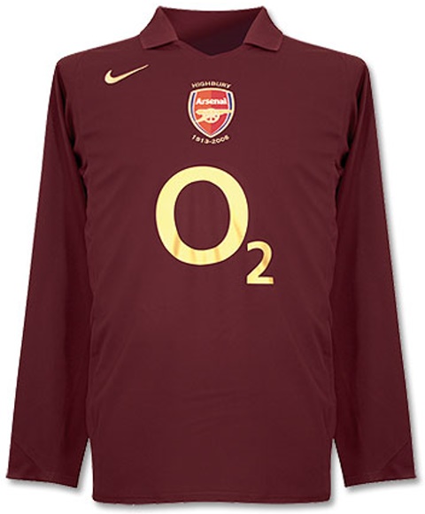 Arsenal 2005-2006 home dark red (burgundy) jersey, long sleeve retro