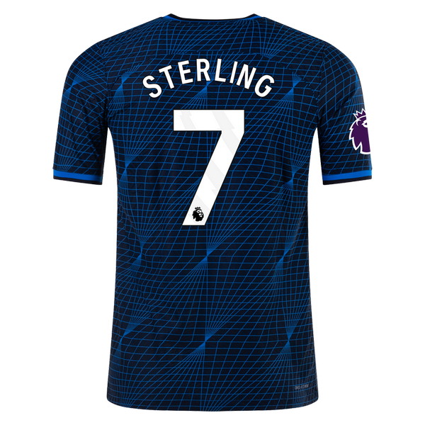 Chelsea 2023-2024 away blue and dark blue jersey, back view