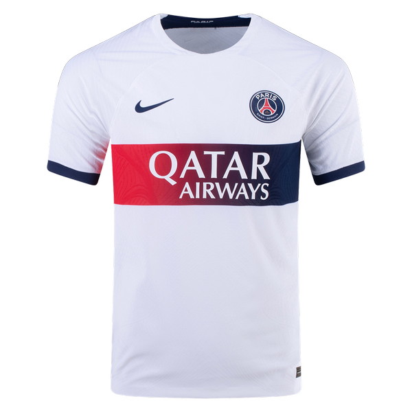 PSG 2023-2024 away white, red and blue jersey