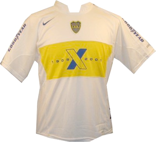 Boca Juniors 2005-2006 away white and yellow (gold) jersey, centennary commemoration