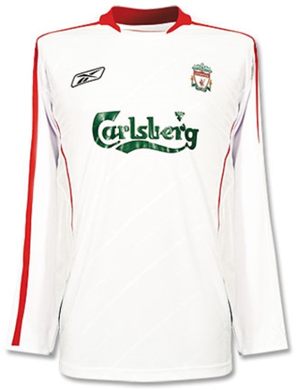 Liverpool 2005-2006 away white and red jersey, long sleeve