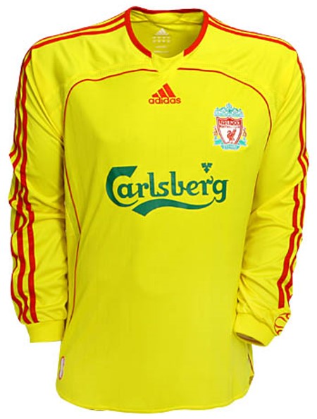 Liverpool 2006-2007 away yellow and red jersey, long sleeve