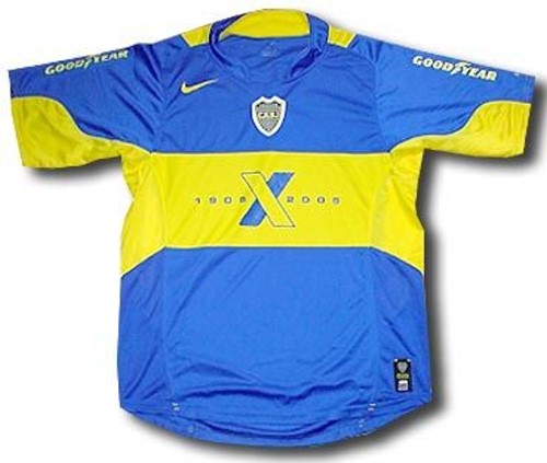 Boca Juniors 2005-2006 home blue and yellow (gold) jersey, centennary commemoration