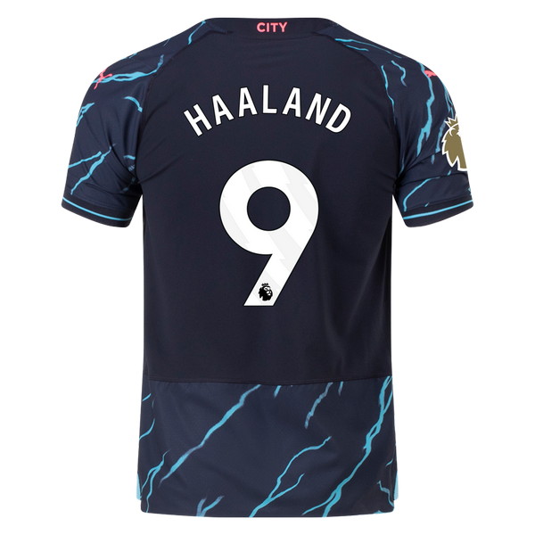 Manchester City 2023-2024 third blue and sky blue jersey, back view