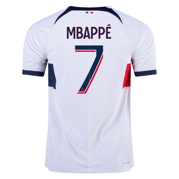 PSG 2023-2024 away white, red and blue jersey, back view